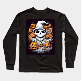 dead witch skull with halloween pumpkins Long Sleeve T-Shirt